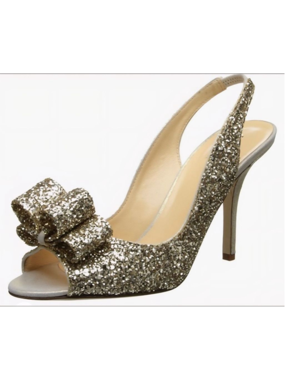 KATE SPADE Charm‎ Gold Glitter Bow Peep Toe Slingback Sandals Wedding Size 6.5